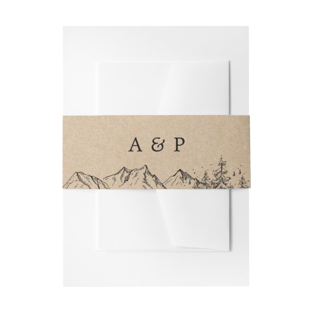 Rustic Kraft Hand-drawn Mountains & Pine Trees Invitation Belly Band (Front Example)