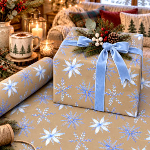Rustic Kraft Hand Drawn Periwinkle Blue Snowflakes Wrapping Paper