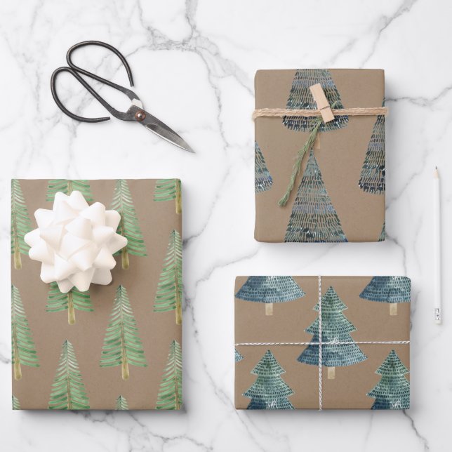 Rustic Kraft Hand Painted Pine & Spruce Trees Wrapping Paper Sheet (Front)