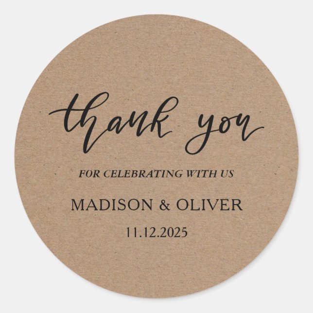 Rustic Kraft Handwritten Script Thank You Wedding Classic Round Sticker (Front)