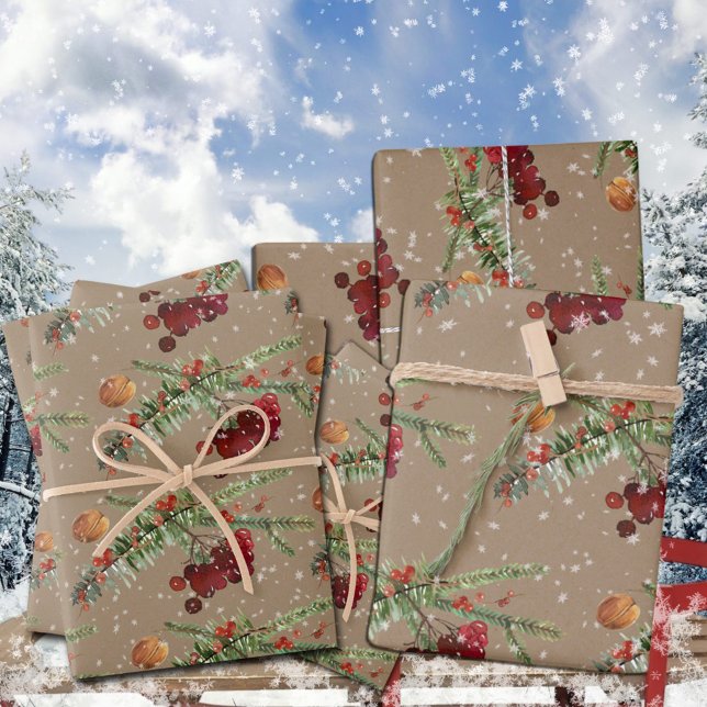 Rustic Kraft Holiday Highbush Cranberries Wrapping Paper Sheet (Rustic Kraft Holiday Highbush Cranberries Christmas Holiday Gift Wrapping Paper Sheets Trio)
