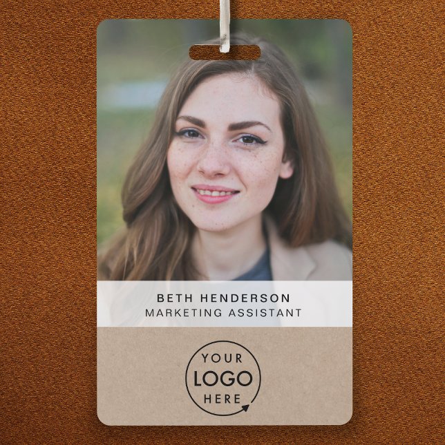 Rustic Kraft ID Card | Modern Photo Employee QR ID Badge (Rustic Kraft company branded staff ID badges for business networking & employee identification.)