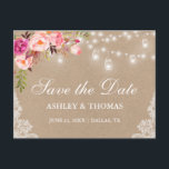 Rustic Kraft Jar Lights Pink Floral Save the Date Announcement Postcard<br><div class="desc">Rustic Kraft String Lights Mason Jars Lace Watercolor Pink Blush Floral Save the Date Postcard - Printed Back</div>