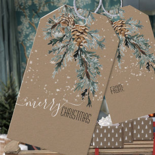 Rustic Kraft Juniper Bough & Cones Merry Christmas Gift Tags