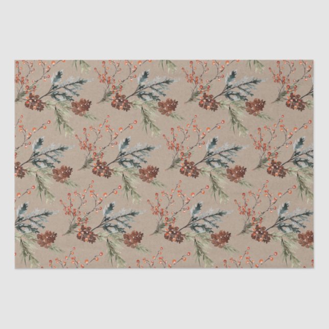 Rustic Kraft Juniper Pine Cones Ilex Berries Tissue Paper (Front)