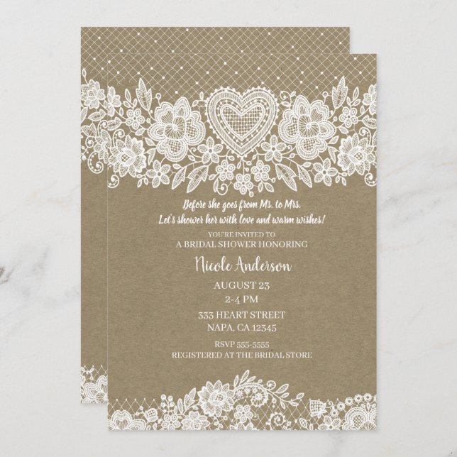 Rustic Kraft & Lace Farmhouse Barn Bridal Shower Invitation (Front/Back)