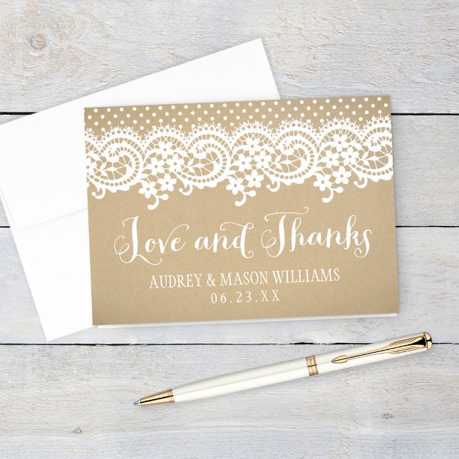Rustic Kraft Lace Love and Thanks Wedding Thank You Card (Creator Uploaded)