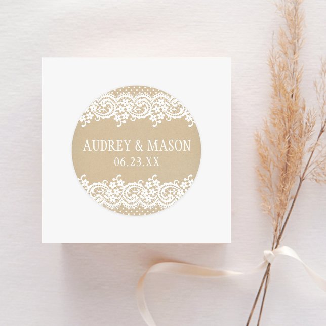 Rustic Kraft Lace Monogram Wedding Classic Round Sticker (Creator Uploaded)