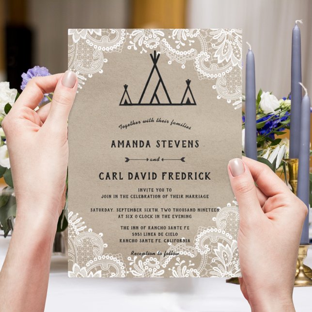 Rustic Kraft Lace Outdoor Tipi Tent Wedding Invitation (Creator Uploaded)