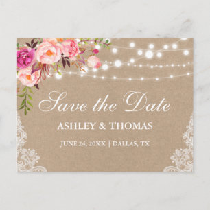 Rustic Kraft Lace Pink Floral Save the Date Announcement Postcard