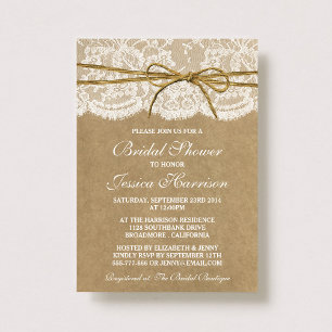 Rustic Kraft, Lace & Twine Bow Bridal Shower Invitation