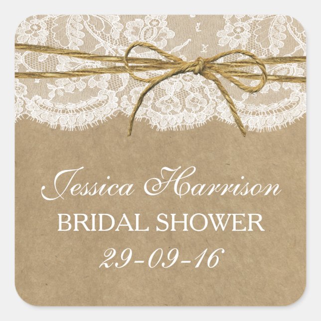 Rustic Kraft, Lace & Twine Bow Bridal Shower Square Sticker (Front)