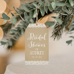 Rustic Kraft Lace Wedding Bridal Shower Favour Gift Tags<br><div class="desc">Charming rectangular bridal shower favour tag featuring "Bridal Shower" in elegant white calligraphy script with the bride's name and shower date,  framed by delicate white lace borders on a warm kraft background. Perfect for a wedding bridal shower or bridal luncheon. All text is fully customisable.</div>