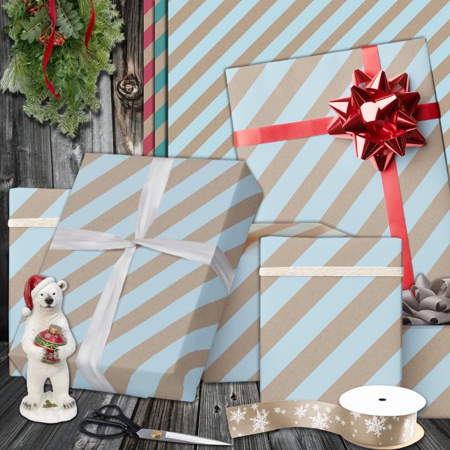 Rustic Kraft Light Dusty Blue Wide Stripe Holiday Wrapping Paper (Rustic Kraft Light Dusty Blue Wide Stripe Holiday Wrapping Paper In 6 & 15 foot rolls of 30" width)