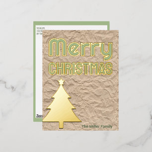 Rustic Kraft Look Minimalist Non-Photo Green Gold Foil Holiday Postcard