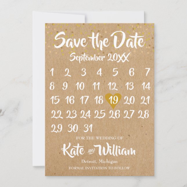 Rustic Kraft Love Heart Calendar Save the Date (Front)