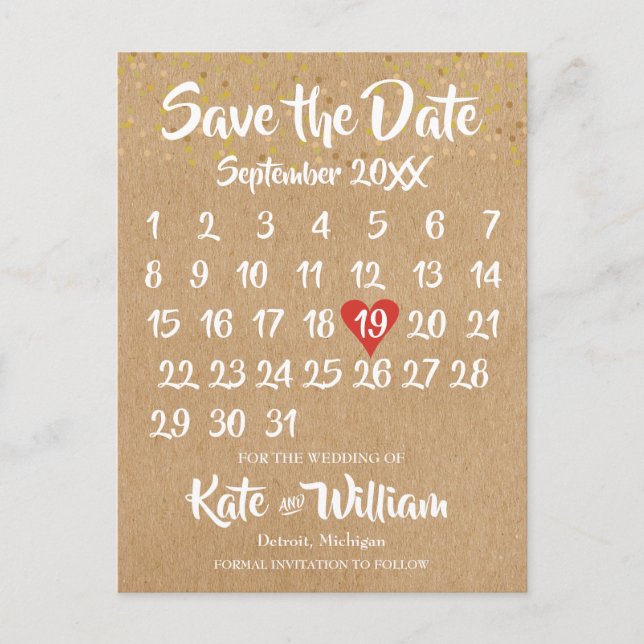 Rustic Kraft Love Heart Calendar Save the Date Announcement Postcard (Front)