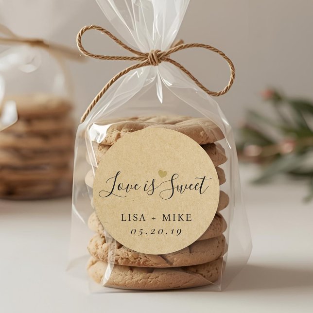 Rustic Kraft Love is Sweet Wedding Favour Classic Round Sticker (Creator Uploaded)