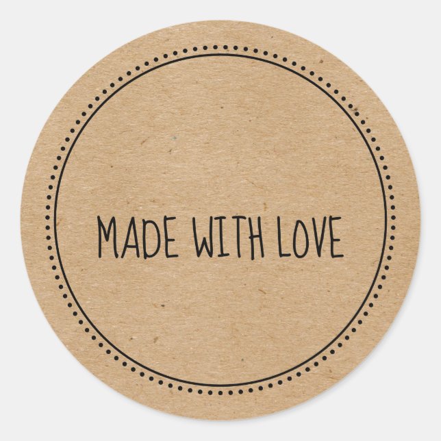 Rustic Kraft Made With Love Handwritten Dotted Classic Round Sticker (Front)