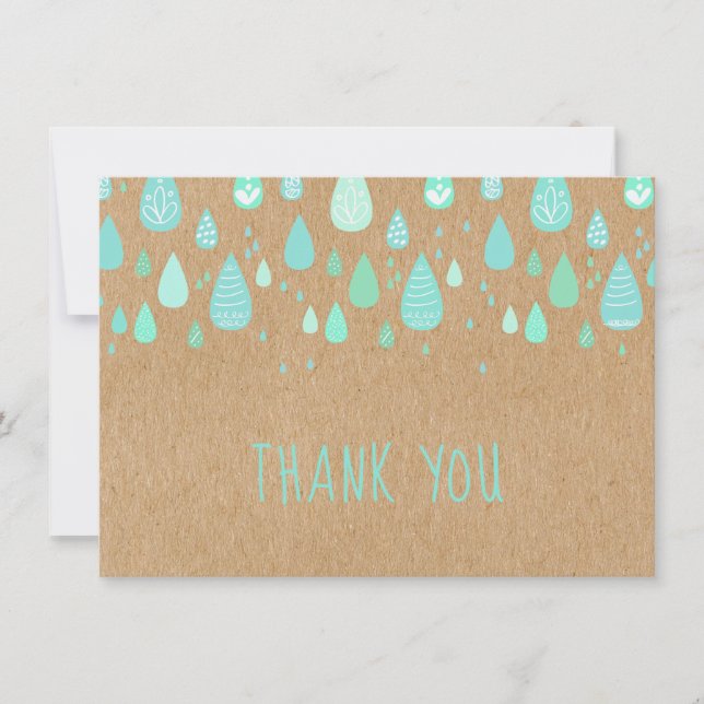 Rustic Kraft Mint Green Raindrops Script Thank You Card (Front)