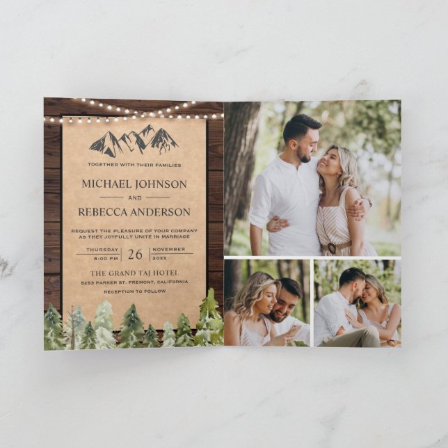 Rustic Kraft Mountain Forest Photo QR Code Wedding Invitation (Inside)