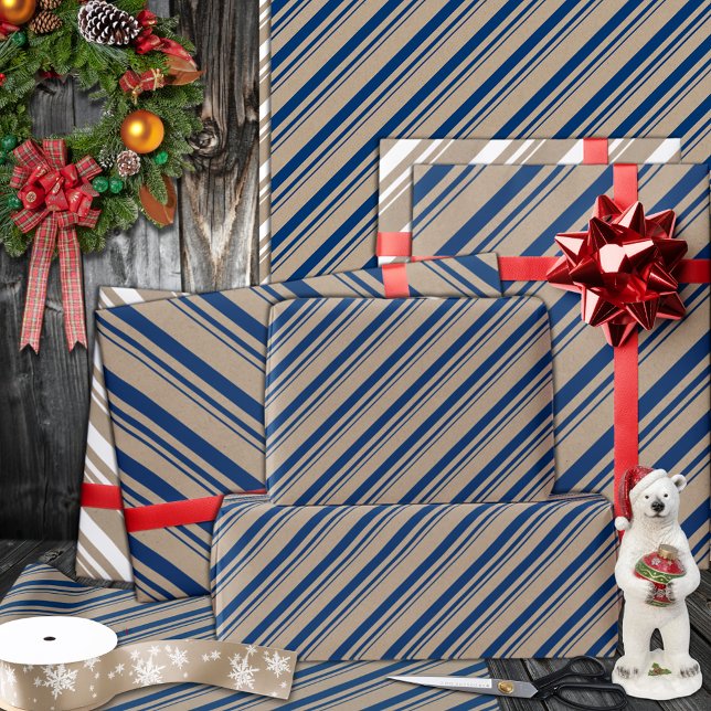 Rustic Kraft Navy Blue Candy Stripes Holiday Wrapping Paper (Navy Blue Candy Cane Stripe Holiday Wrapping Paper Rolls in 6 and 15 foot rolls.)