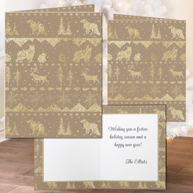 Rustic Kraft Nordic Sweater Gold Winter Animals Holiday Card (Rustic Kraft Nordic Sweater Gold Winter Animals Christmas Holiday Wraparound Graphics Foided Card)