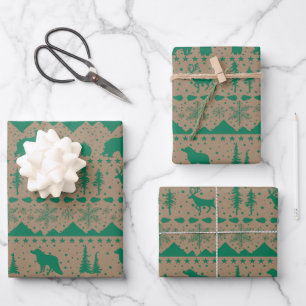 Rustic Kraft Nordic Sweater Green Winter Animals  Wrapping Paper Sheet