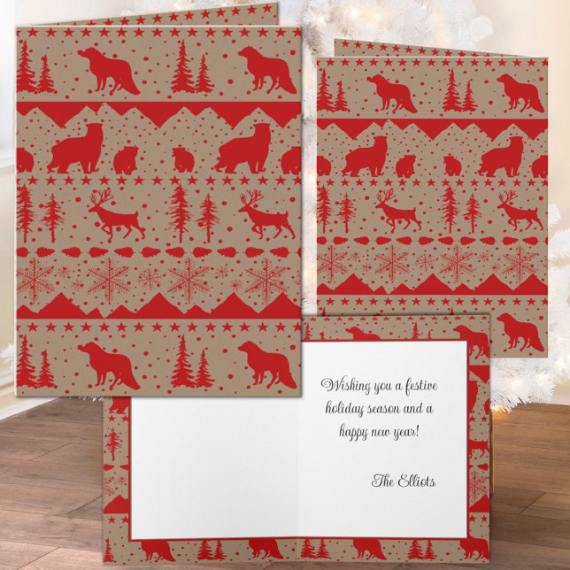 Rustic Kraft Nordic Sweater Red Winter Animals Holiday Card (Rustic Kraft Nordic Sweater Red Winter Animals Holiday Christmas Wraparound Graphics Folded Card)