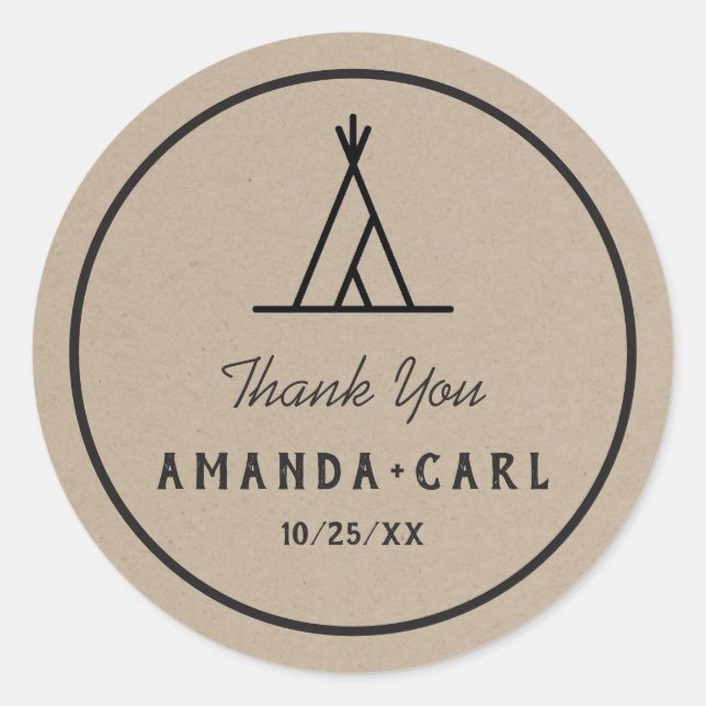 Rustic Kraft Outdoor Tipi Tent Wedding Thank You Classic Round Sticker (Front)