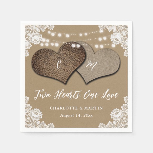 Rustic Kraft Paper Burlap Lace Monogram Wedding Napkin (Front)