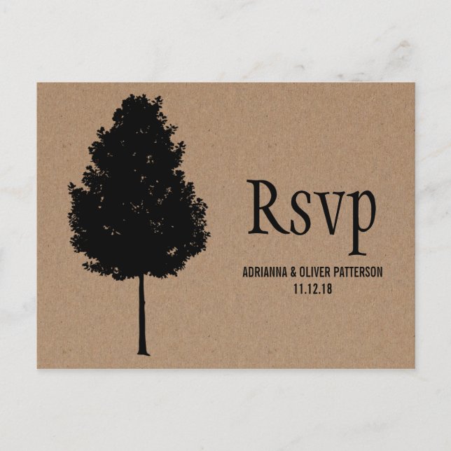 Rustic Kraft Paper Forest Tree Wedding RSVP Invitation Postcard (Front)