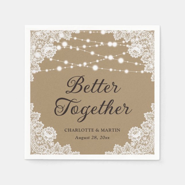Rustic Kraft Paper Lace String Lights Wedding Napkin (Front)