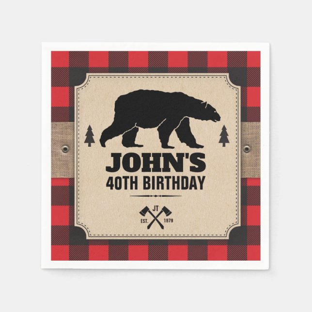 Rustic Kraft Paper Look Buffalo Plaid with Bear Napkin (Front)