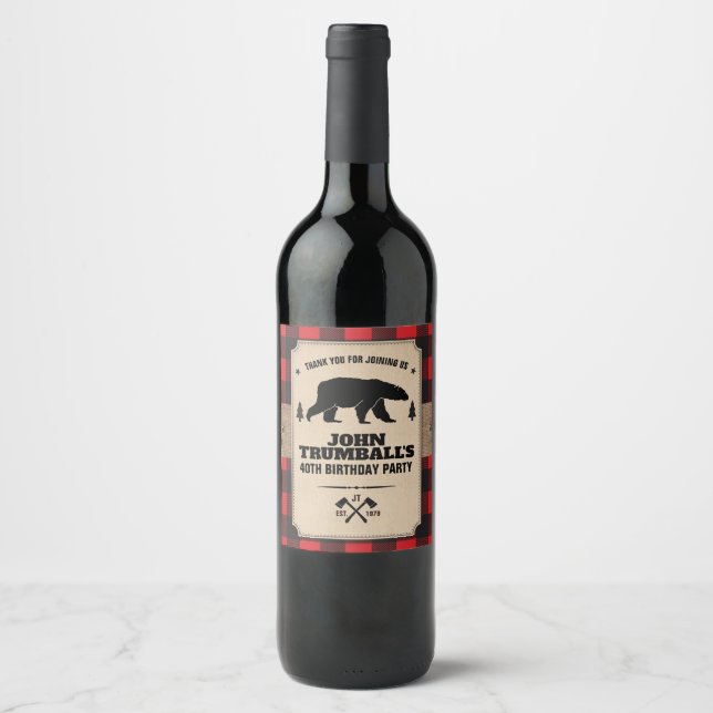 Rustic Kraft Paper Look Buffalo Plaid with Bear Wine Label (Front)