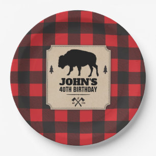 Rustic Kraft Paper Look Buffalo Plaid with Bison Paper Plate