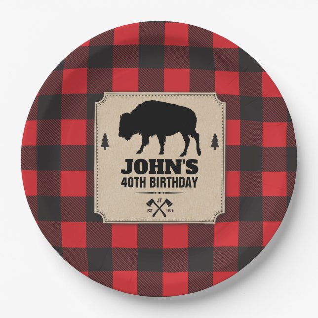 Rustic Kraft Paper Look Buffalo Plaid with Bison Plate (Front)