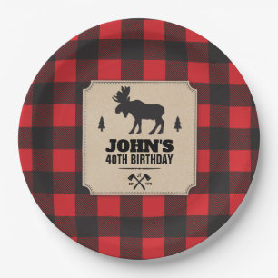Rustic Kraft Paper Look Buffalo Plaid with Moose Paper Plate