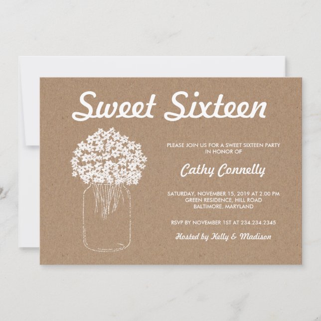 Rustic Kraft Paper Mason Jar Flowers Sweet Sixteen Invitation (Front)