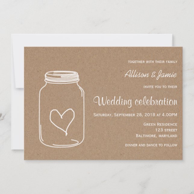 Rustic Kraft Paper Masonjar Heart Country Wedding Invitation (Front)