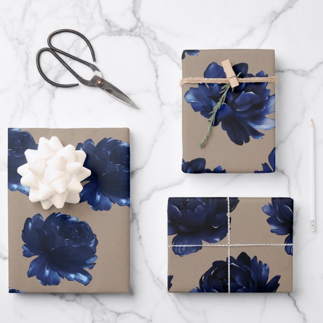 Rustic Kraft Paper Navy Blue Peonies (Front)