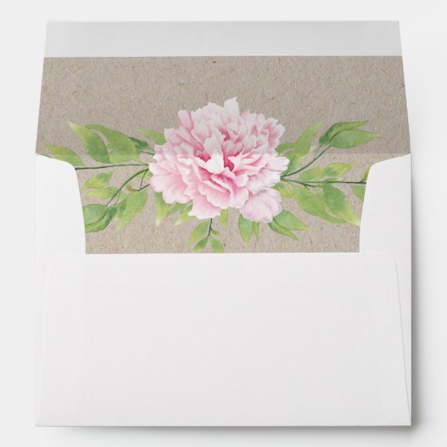 Rustic Kraft Paper Pink Peony Leaves Watercolor | Envelope (Back (Bottom))