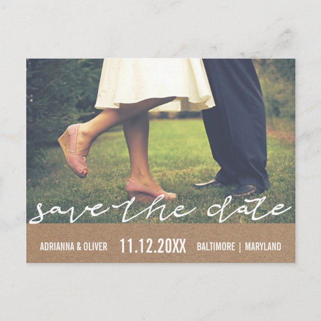 Rustic Kraft Paper Save The Date Typography Photo Announcement Postcard (Front)