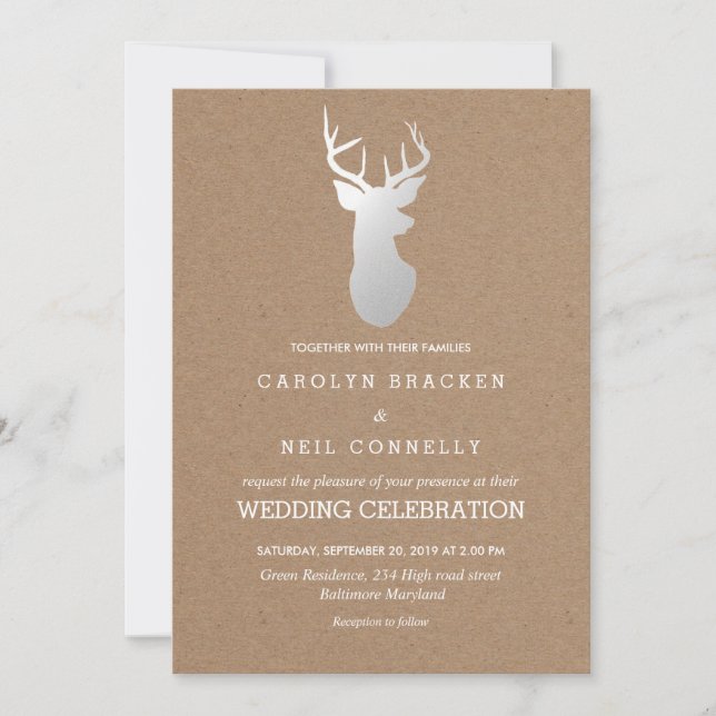 Rustic Kraft Paper Silver Antler Wedding Invitation (Front)