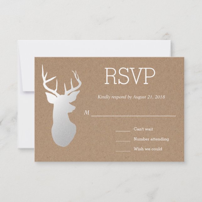 Rustic Kraft Paper Silver Antler Wedding RSVP (Front)