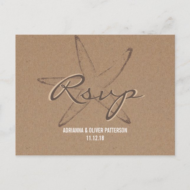 Rustic Kraft Paper Starfish Nautical Wedding RSVP Invitation Postcard (Front)