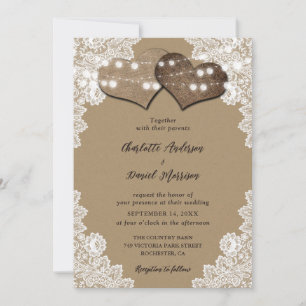 Rustic Kraft Paper String Lights Lace Wedding Invitation