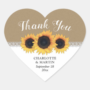 Rustic Kraft Paper Sunflower Wedding Thank You Heart Sticker