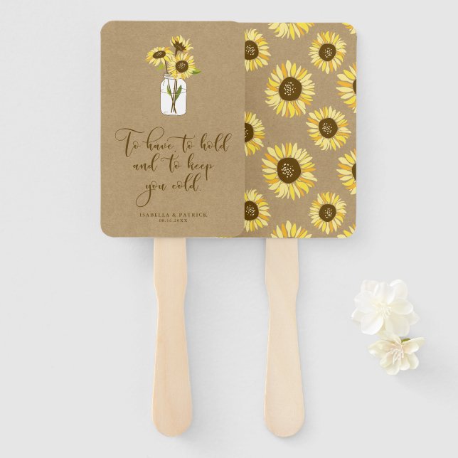 Rustic Kraft Paper Sunflowers on Mason Jar Wedding Hand Fan (Front and Back)