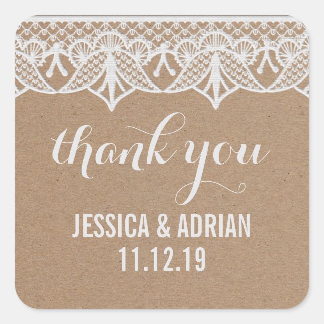 Rustic Kraft Paper White Lace Wedding Favour Square Sticker (Front)